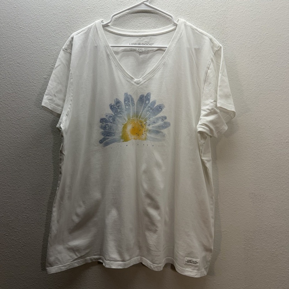 Life Is Good Shirt Womens XXL White Bird Floral Crusher V Neck Graphic Tee